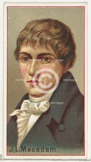 J. L. Macadam, printer's sample for the World's Inventors souvenir album (A25) for Allen &..., 1888. Creator: Allen & Ginter.