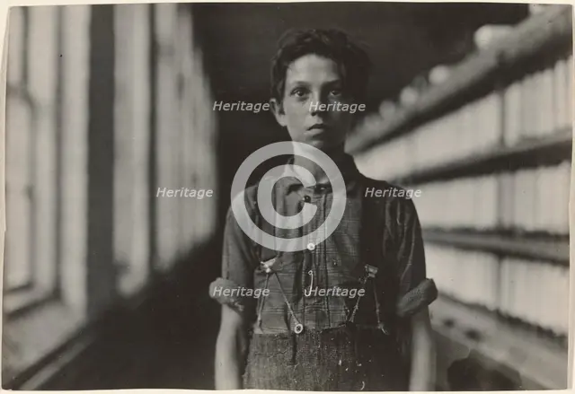 Jo Bodeon, a \back-roper\ in mule room. Chase Cotton Mill, Burlington, Vermont, 1909. Creator: Lewis Wickes Hine.