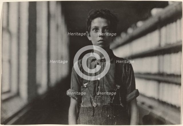Jo Bodeon, a \back-roper\ in mule room. Chase Cotton Mill, Burlington, Vermont, 1909. Creator: Lewis Wickes Hine.