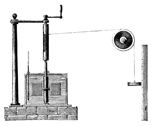 Joule's apparatus for determining the mechanical equivalent of heat, 1872. Creator: Unknown.