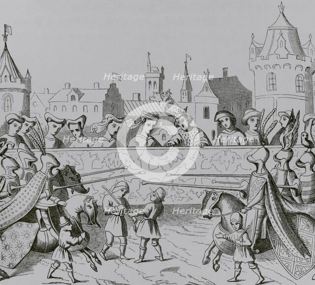 Jousting in honour of  Isabella of Bavaria's entrance into Paris, 20 June 1389 , 15th cent (1877).  Creator: Unknown.