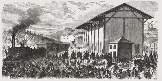 Journey of His Majesty King Alphonse  XII to Valencia, train departure, engraving from 1875.