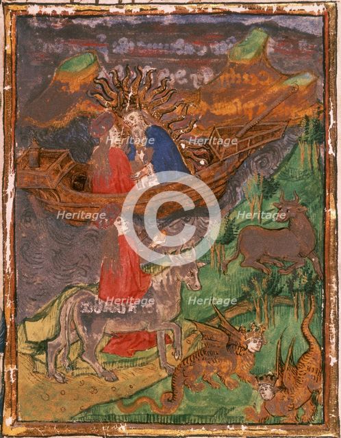 Jove, surrounded by the sun's rays, sits in boat with Europa, 1450.  Creator: Unknown.