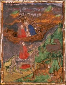 Jove, surrounded by the sun's rays, sits in boat with Europa, 1450. Creator: Unknown