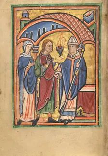 Joachim and Saint Anne before the High Priest; Illustrated Vita Christi..., about 1190-1200. Creator: Unknown