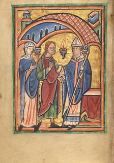 Joachim and Saint Anne before the High Priest; Illustrated Vita Christi..., about 1190-1200. Creator: Unknown