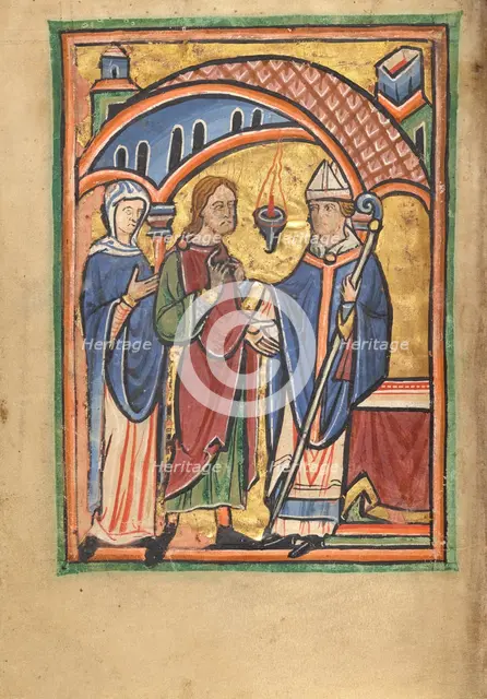 Joachim and Saint Anne before the High Priest; Illustrated Vita Christi..., about 1190-1200. Creator: Unknown.