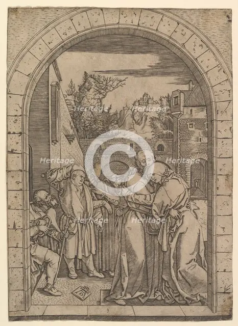 Joachim embracing Saint Anne under the golden gate in Jerusalem, after Dürer, ca. 1500-1534. Creator: Marcantonio Raimondi.