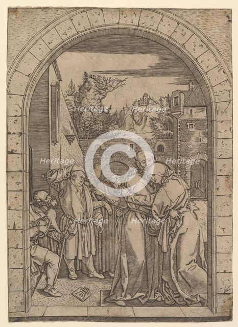 Joachim embracing Saint Anne under the golden gate in Jerusalem, after Dürer, ca. 1500-1534. Creator: Marcantonio Raimondi.