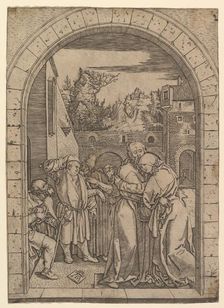 Joachim embracing Saint Anne under the golden gate in Jerusalem, after Dürer, ca. 1500-1534. Creator: Marcantonio Raimondi
