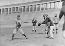 Joe Connolly at Bat, Jack Calvo at Right, Washington Al, at University of Virginia..., ca. 1913. Creator: Harris & Ewing