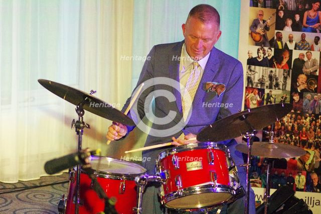 Joe Farnsworth, Joe Farnsworth-Sara Hanahan Quartet, Watermill Jazz Club, Dorking, Surrey, 2024. Creator: Brian O'Connor.