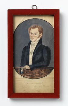 Johann Ludolph Schladermund holding his Wife's Portrait (poorly painted), 1832. Creator: A. Bull