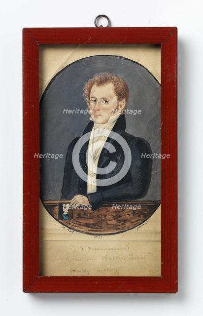 Johann Ludolph Schladermund holding his Wife's Portrait (poorly painted), 1832. Creator: A. Bull.