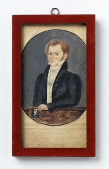 Johann Ludolph Schladermund holding his Wife's Portrait (poorly painted), 1832. Creator: A. Bull