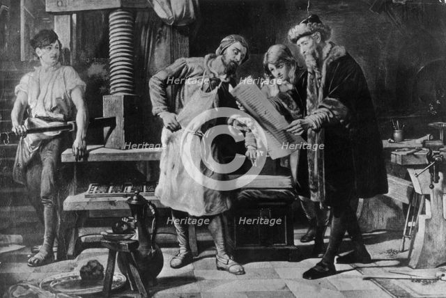Johannes Gutenberg in his workshop, .