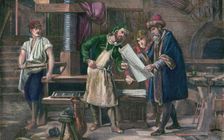 Johannes Gutenberg in his workshop