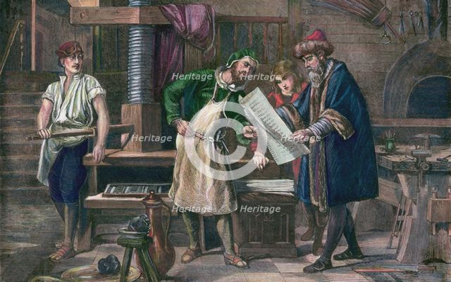 Johannes Gutenberg in his workshop, .