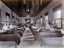 Johannesburg Hospital, South Africa: hospital ward with male patients, many with bandaged...c1905. Creator: Unknown