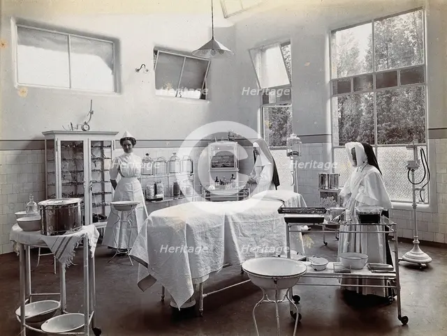 Johannesburg Hospital, South Africa: operating theatre with nun and nurse, c1905. Creator: Unknown.
