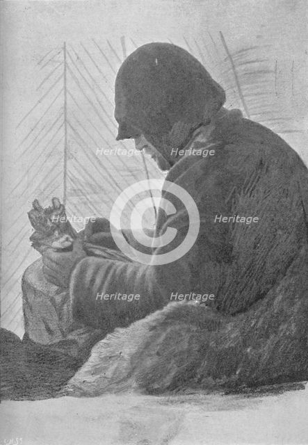 'Johansen Sitting in the Sleeping Bag in the Hut', c1893-1896, (1897). Artist: Unknown.