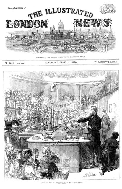 John Tyndall lecturing on electromagnetism at the Royal Institution, London. May 1870. Creator: Unknown.