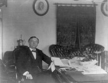 John Wanamaker, 1838-1922, three-quarter length portrait, seated, at desk, facing right, c1890. Creator: Frances Benjamin Johnston
