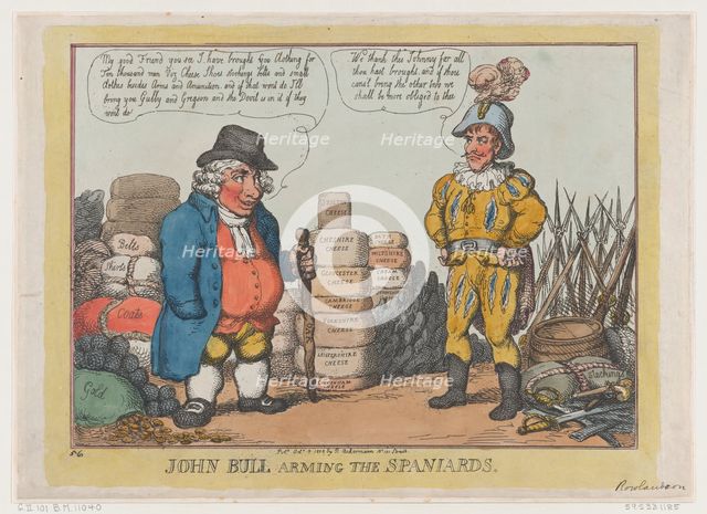John Bull Arming The Spaniards, October 3, 1808., October 3, 1808. Creator: Thomas Rowlandson.