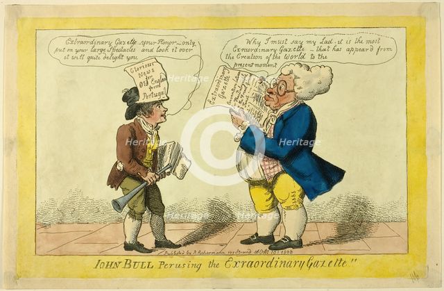 John Bull Perusing the Extraordinary Gazette, published October 10, 1808. Creator: Isaac Cruikshank.