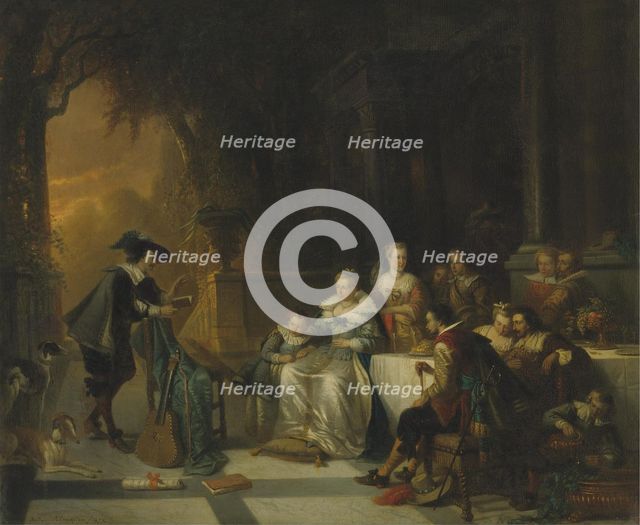 John Dryden Reading one of His Poems Before the Court, 1869. Artist: Braekeleer, Adrien Ferdinand de (1818-1904)
