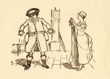 John Gilpin attaches wine bottles to his belt, 1878, (c1918). Creator: Randolph Caldecott
