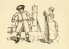 John Gilpin attaches wine bottles to his belt, 1878, (c1918). Creator: Randolph Caldecott