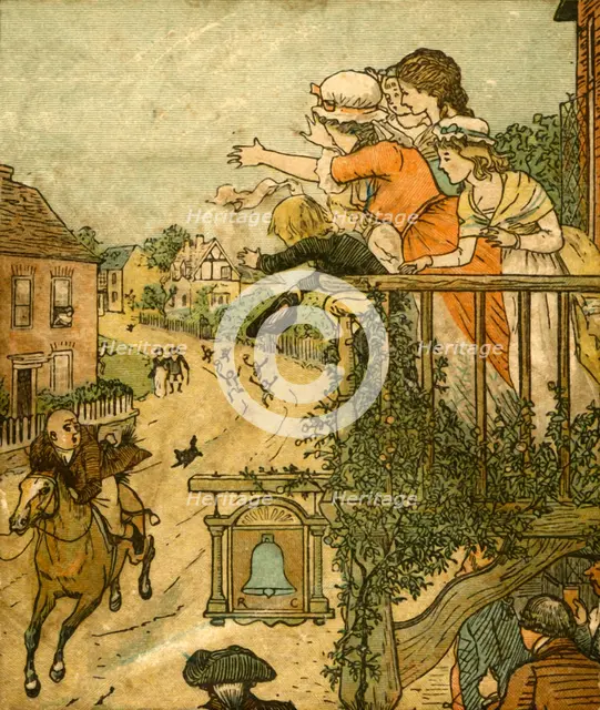 John Gilpin gallops past the Bell Inn as his wife and children wave from the balcony, 1878, (c1918). Creator: Randolph Caldecott.