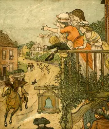 John Gilpin gallops past the Bell Inn as his wife and children wave from the balcony, 1878, (c1918). Creator: Randolph Caldecott
