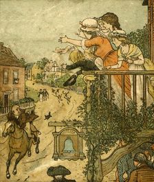 John Gilpin gallops past the Bell Inn as his wife and children wave from the balcony, 1878, (c1918). Creator: Randolph Caldecott