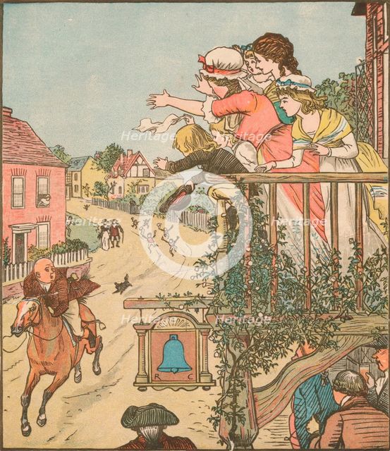 John Gilpin gallops past the Bell Inn as his wife and children wave from the balcony, 1878, (c1918). Creator: Randolph Caldecott.