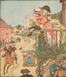 John Gilpin gallops past the Bell Inn as his wife and children wave from the balcony, 1878, (c1918). Creator: Randolph Caldecott
