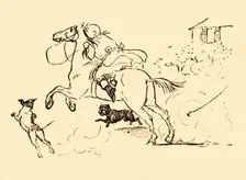 John Gilpin is chased by dogs as his horse gallops out of control, 1878, (c1918). Creator: Randolph Caldecott