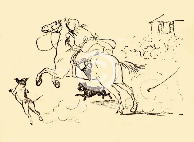 John Gilpin is chased by dogs as his horse gallops out of control, 1878, (c1918). Creator: Randolph Caldecott.