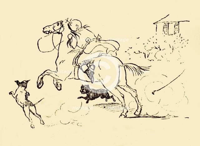 John Gilpin is chased by dogs as his horse gallops out of control, 1878, (c1918). Creator: Randolph Caldecott.