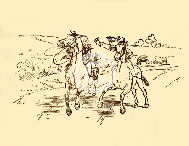 John Gilpin is found by the postboy from the Bell Inn, 1878, (c1918). Creator: Randolph Caldecott.