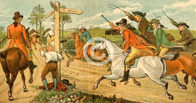 John Gilpin on his bolting horse being chased by passers-by, 1878, (c1918).  Creator: Randolph Caldecott.