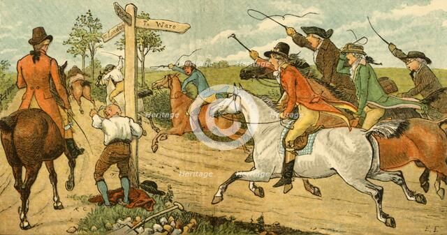 John Gilpin on his bolting horse being chased by passers-by, 1878, (c1918).  Creator: Randolph Caldecott.