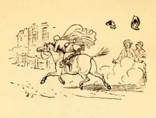 John Gilpin's horse bolts, and his hat and wig blow off, 1878, (c1918). Creator: Randolph Caldecott