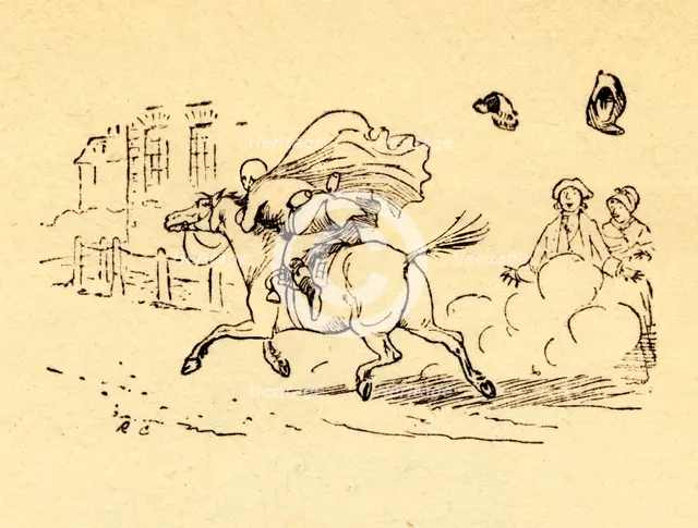 John Gilpin's horse bolts, and his hat and wig blow off, 1878, (c1918). Creator: Randolph Caldecott.