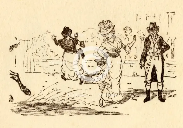 John Gilpin's horse splashes mud on a woman's dress, 1878, (c1918).  Creator: Randolph Caldecott.