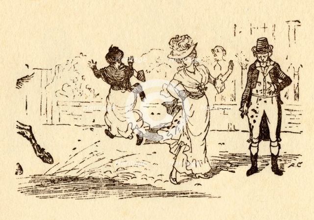 John Gilpin's horse splashes mud on a woman's dress, 1878, (c1918).  Creator: Randolph Caldecott.