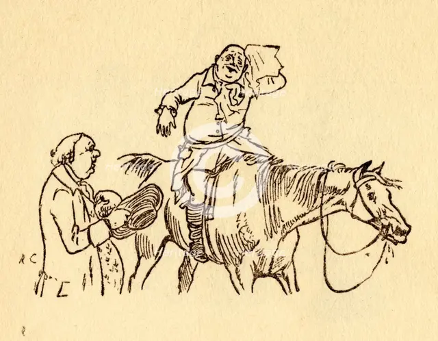 John Gilpin wipes his sweaty brow with a handkerchief, 1878, (c1918).  Creator: Randolph Caldecott.