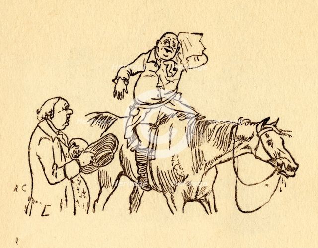 John Gilpin wipes his sweaty brow with a handkerchief, 1878, (c1918).  Creator: Randolph Caldecott.