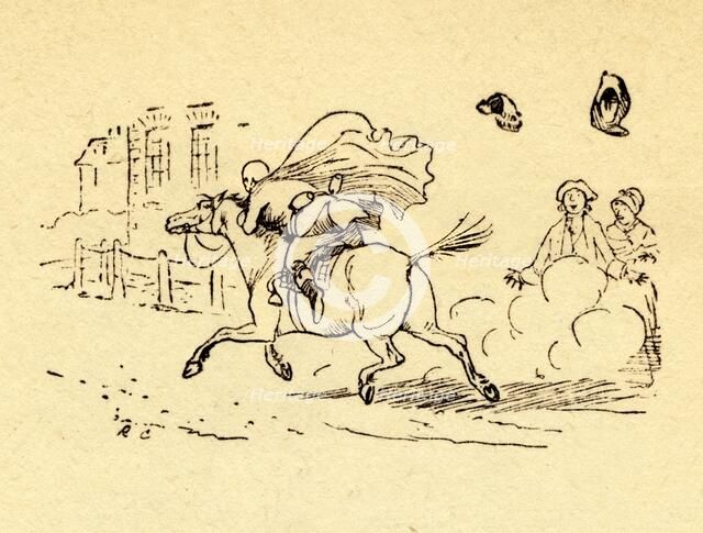 John Gilpin's horse bolts, and his hat and wig blow off, 1878, (c1918). Creator: Randolph Caldecott.